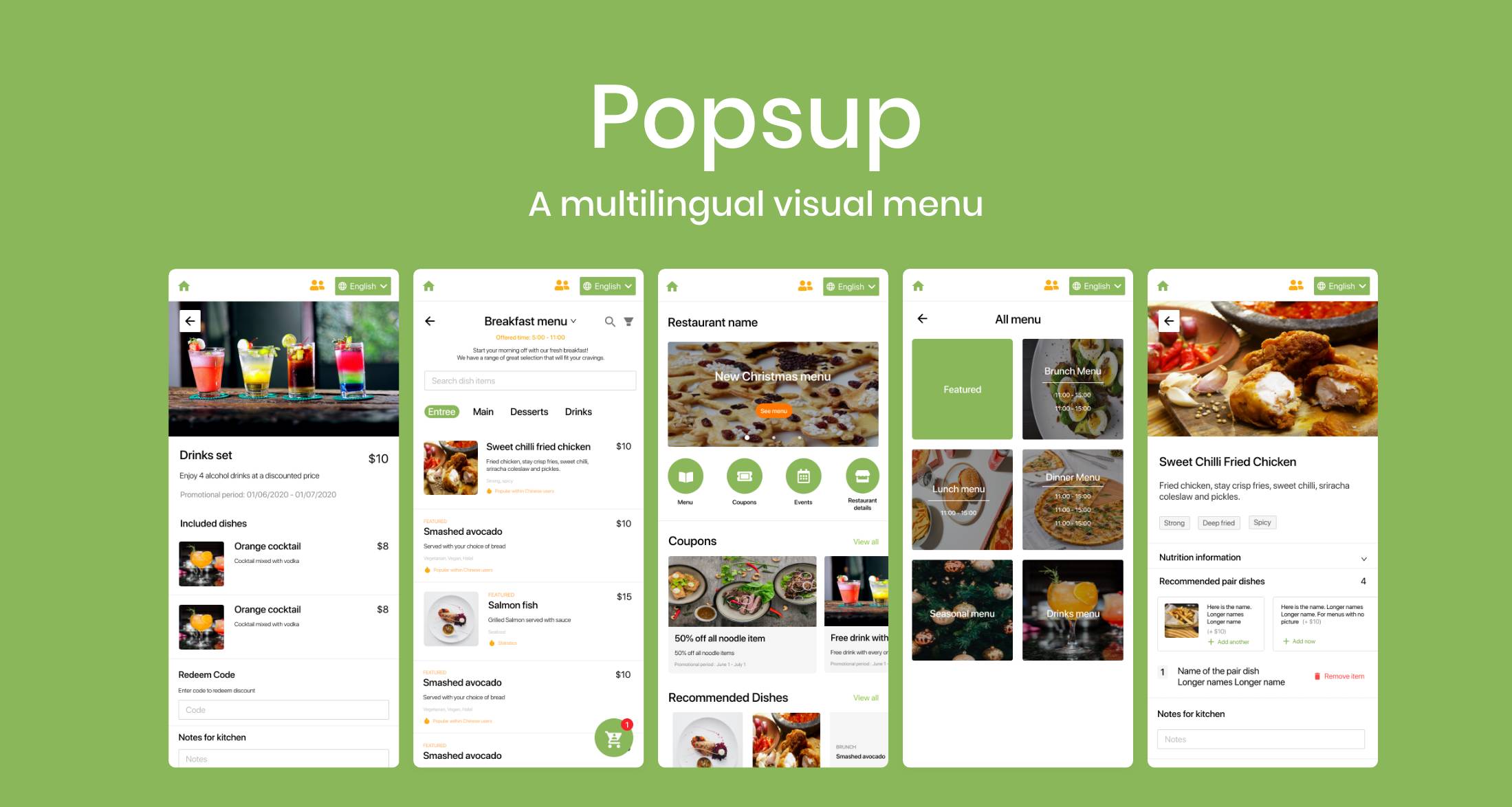 Mockups of food ordering app screens