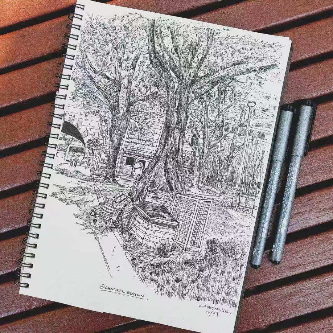 black and white fineline drawing of an old man sitting under a tree