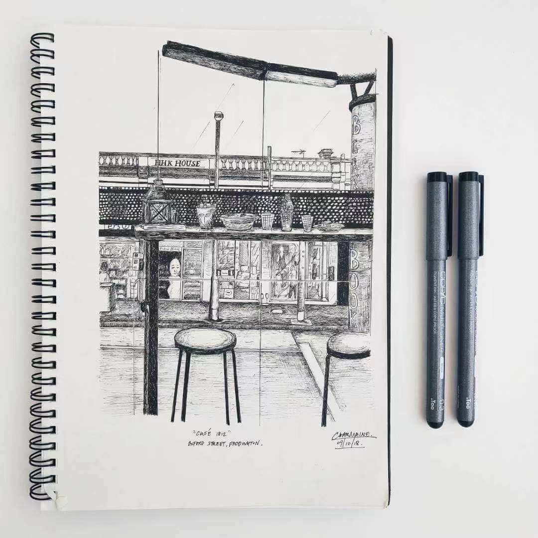 black and white fineline drawing of the indoor of a cafe